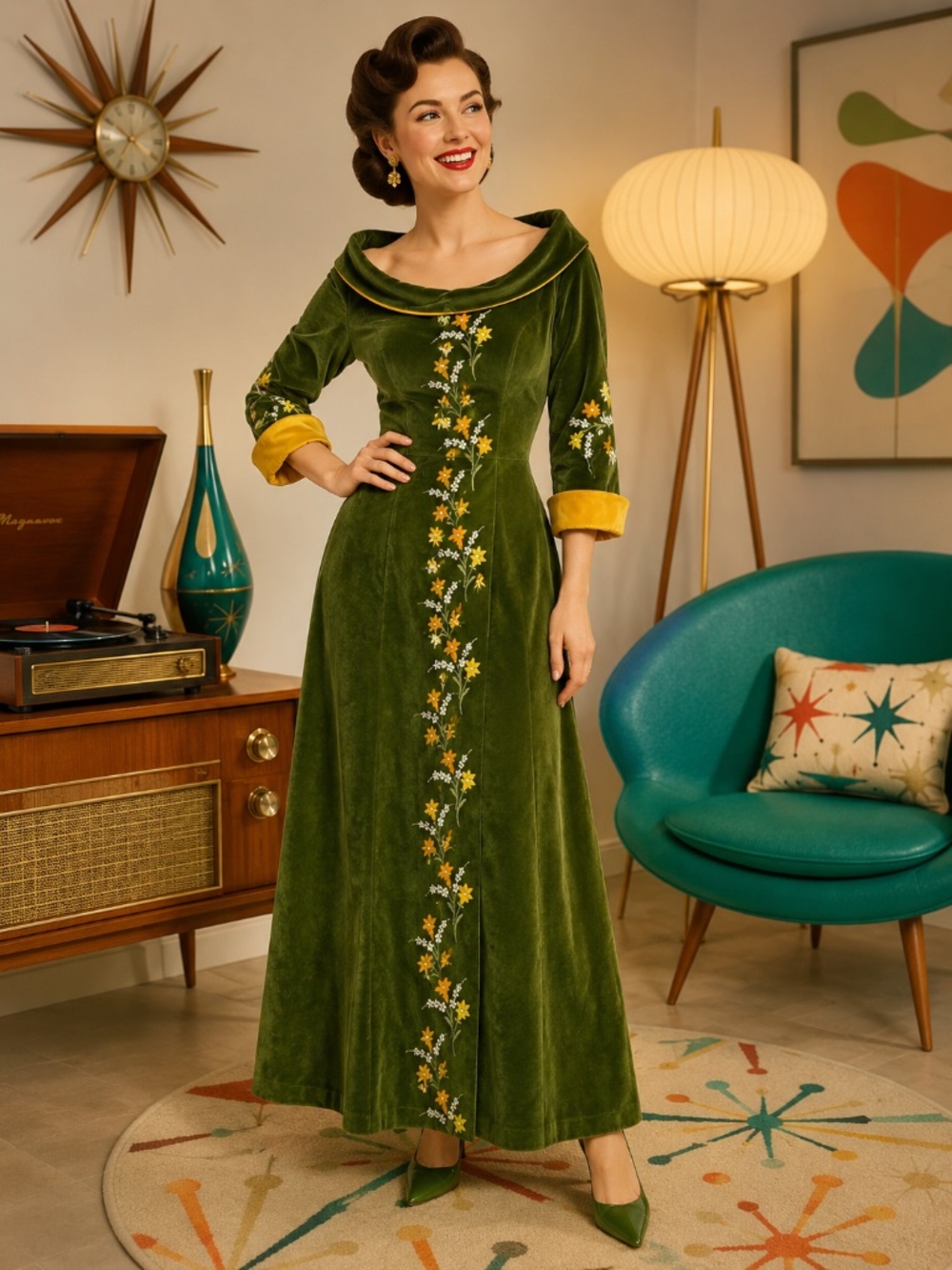 Vintage Kamore Olive Green Velvet Maxi Dress 1960s Embroidered Old Hollywood